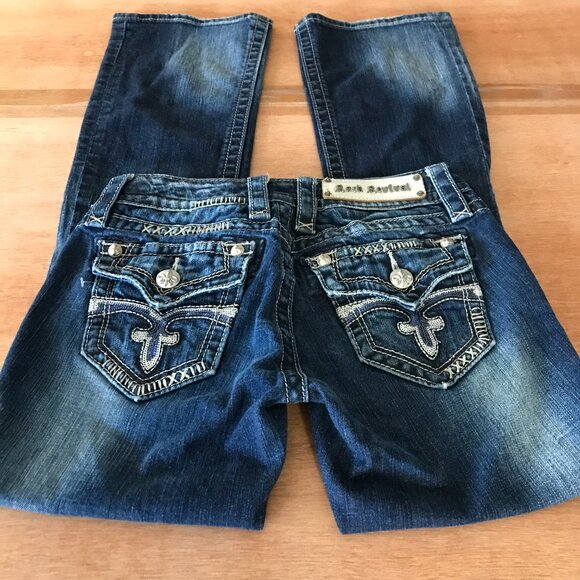 Rock Revival Celine Easy Boot Jean Women 25 Blue Low Rise Flap Pocket Distressed - Picture 1 of 15